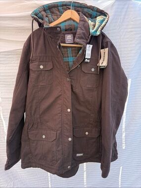 Berne Brown Hooded Work Jacket with Plaid Lining